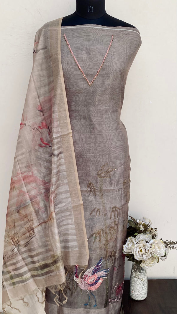 Designer Embroidered Suit Length 3 Piece Gray Linen With Sequence Work