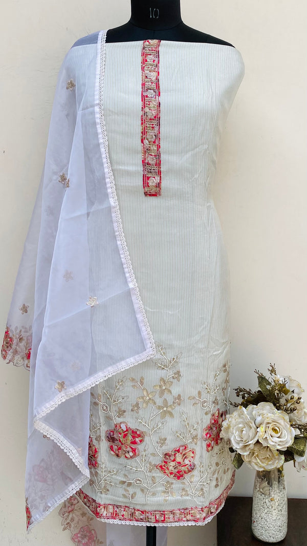 Designer Embroidered Suit Length 3 Piece Gray Mal Chanderi With Pearl ,Cutdana & Sequence Work