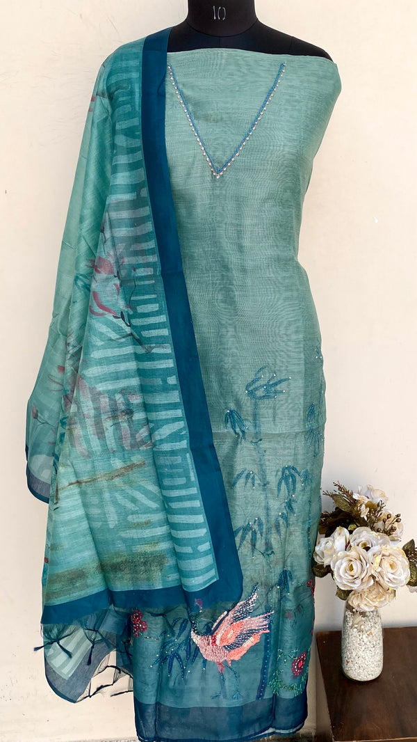 Designer Embroidered Suit Length 3 Piece Green Linen With Sequence Work