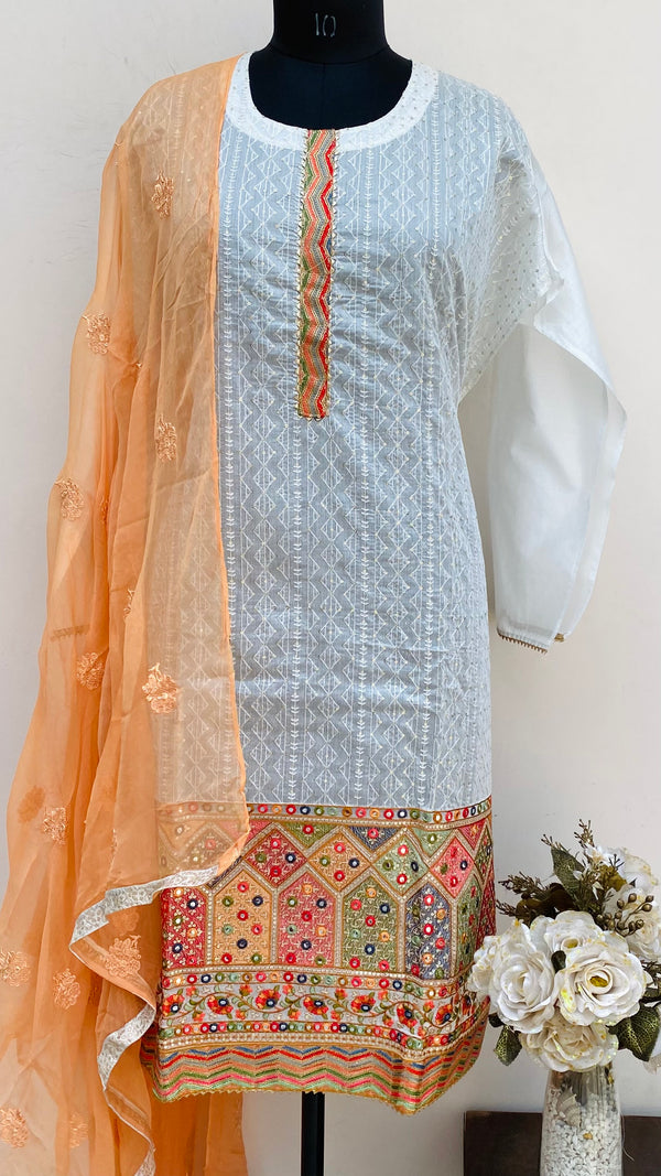 Designer Embroidered Suit Length 3 Piece White Mal Chanderi With Sequence Work
