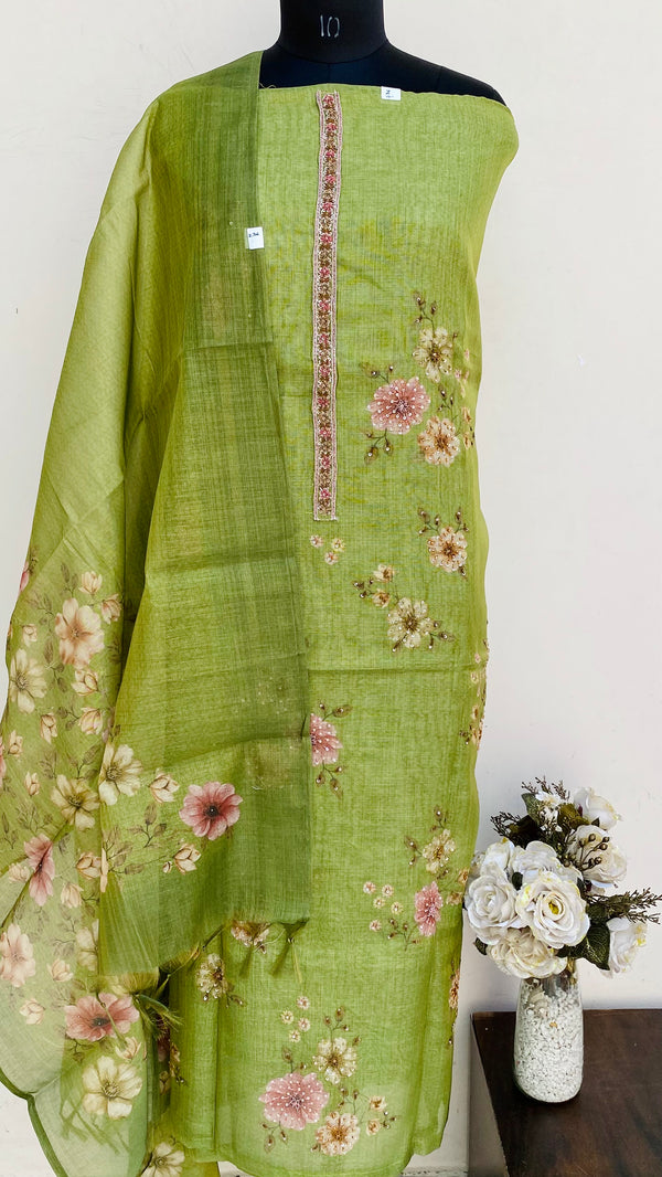 Designer Embroidered Suit Length 3 Piece Green Tissue With Sequence, Pearl & Cutdana Work