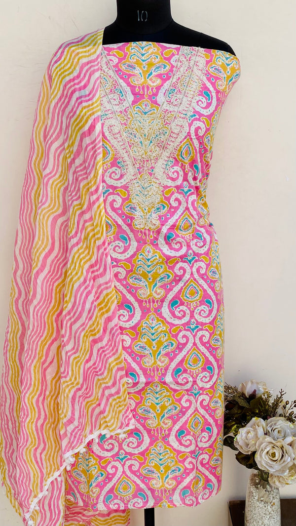 Designer Embroidered Suit Length 3 Piece Pink Mal Cotton With Sequence Work