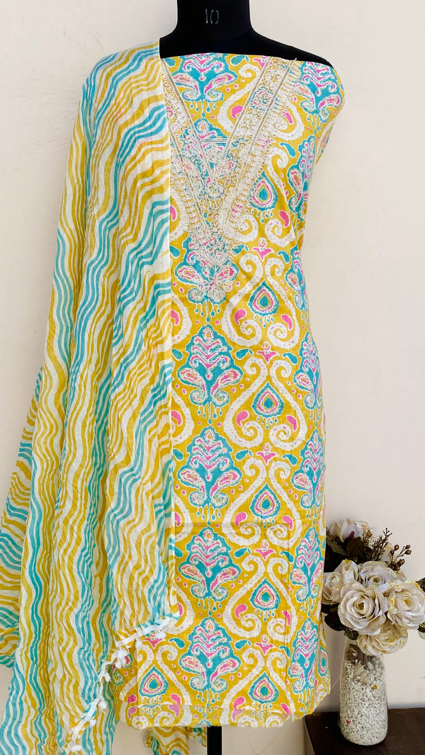 Designer Embroidered Suit Length 3 Piece Mustard Mal Cotton With Sequence Work