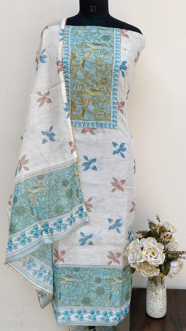 Designer Embroidered Suit Length 3 Piece Off White Linen