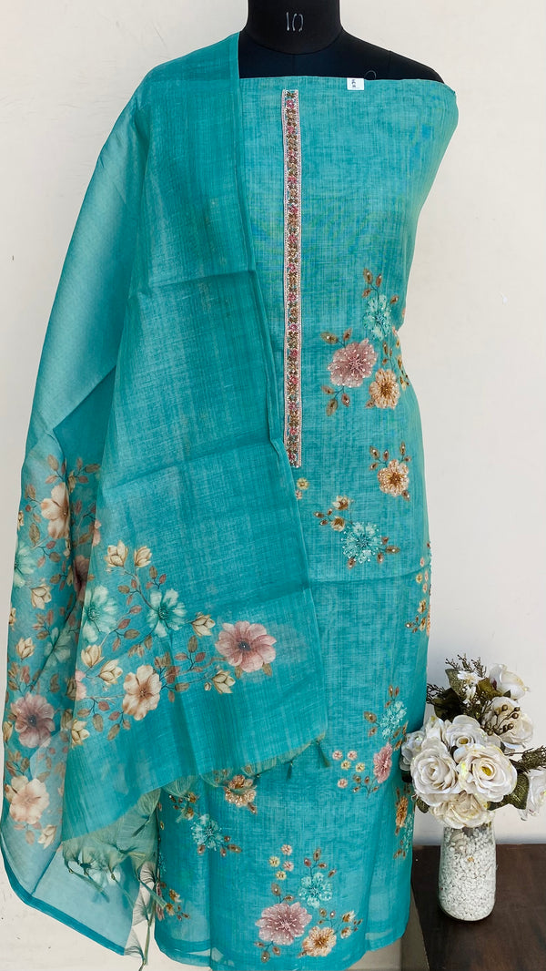 Designer Embroidered Suit Length 3 Piece Green Tissue With Sequence, Pearl & Cutdana Work