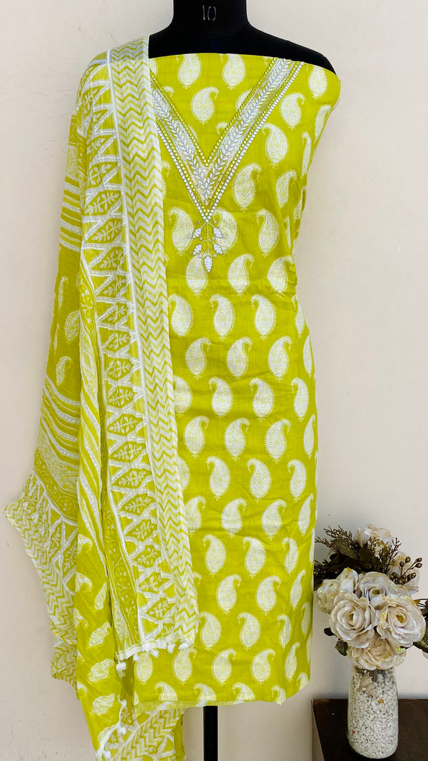 Designer Embroidered Suit Length 3 Piece Parrot Green Mal Cotton With Sequence Work
