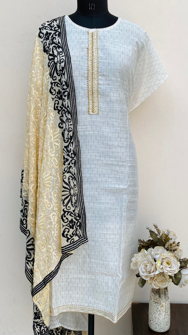 Designer Embroidered Suit Length 3 Piece White Linen