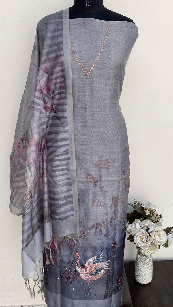 Designer Embroidered Suit Length 3 Piece Gray Linen With Sequence Work