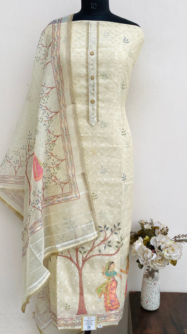 Designer Embroidered Suit Length 3 Piece Cream Linen With Stone Work