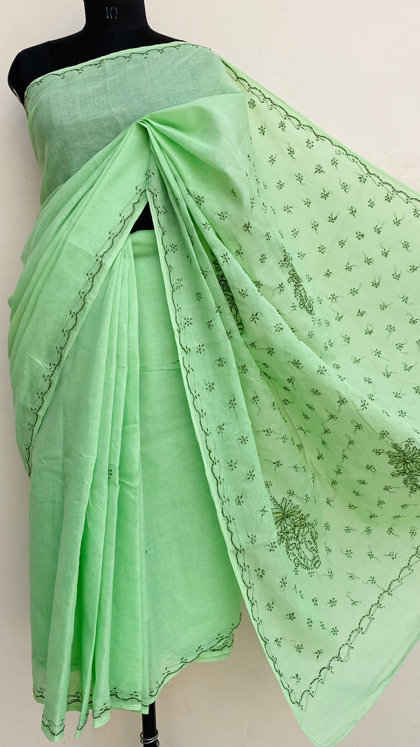 Lucknowi Chikankari Saree Green Cotton