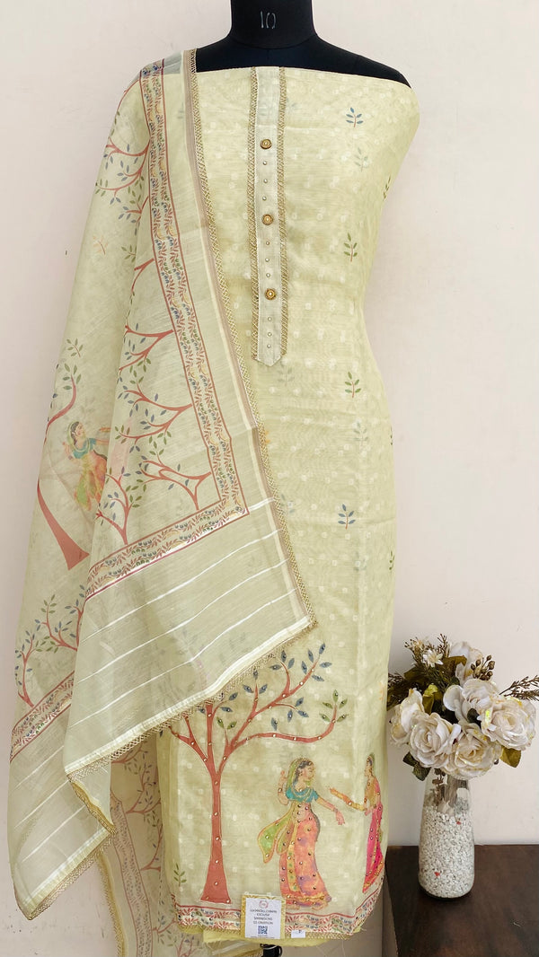 Designer Embroidered Suit Length 3 Piece Lemon Yellow Linen With Stone Work