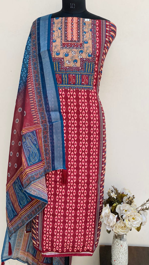 Designer Embroidered Suit Length 3 Piece Maroon Linen With Pearl & Cutdana Work