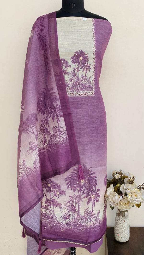 Designer Embroidered Suit Length 3 Piece Purple Linen With Sequence Work