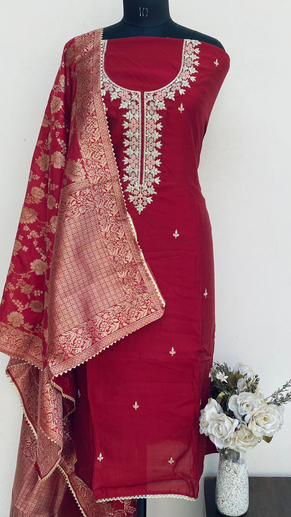 Designer Embroidered Suit Length 3 Piece Maroon Mal Chanderi