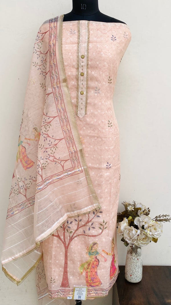 Designer Embroidered Suit Length 3 Piece Peach Linen With Stone Work