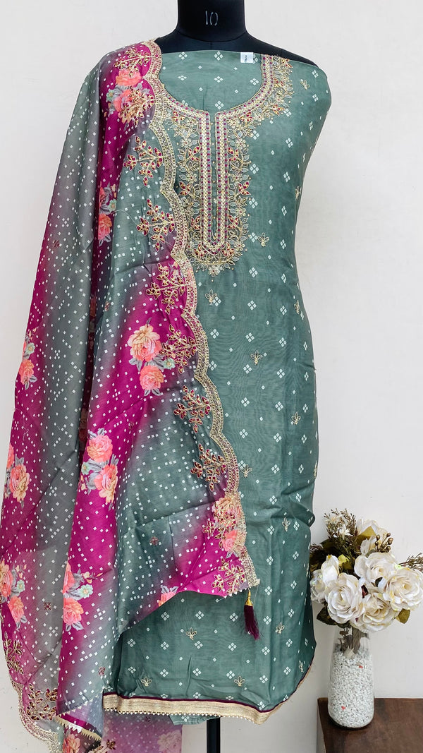 Designer Embroidered Suit Length 3 Piece Green Mal Chanderi With Sequence & Cutdana Work