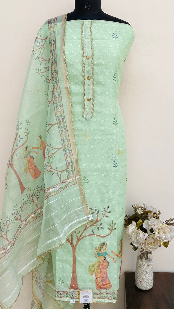 Designer Embroidered Suit Length 3 Piece Green Linen With Stone Work