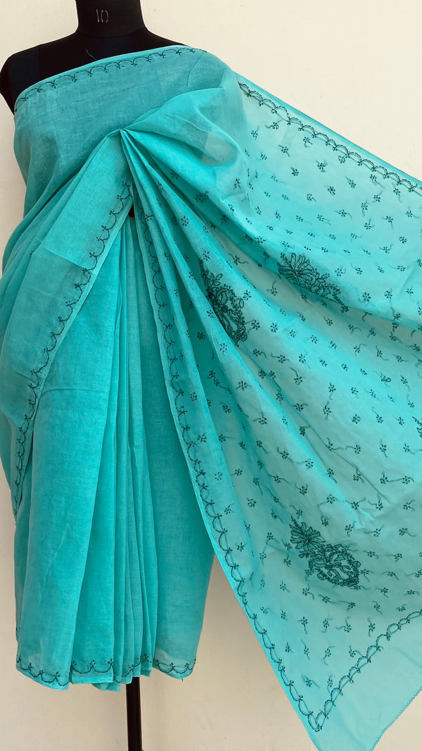 Lucknowi Chikankari Saree Green Cotton