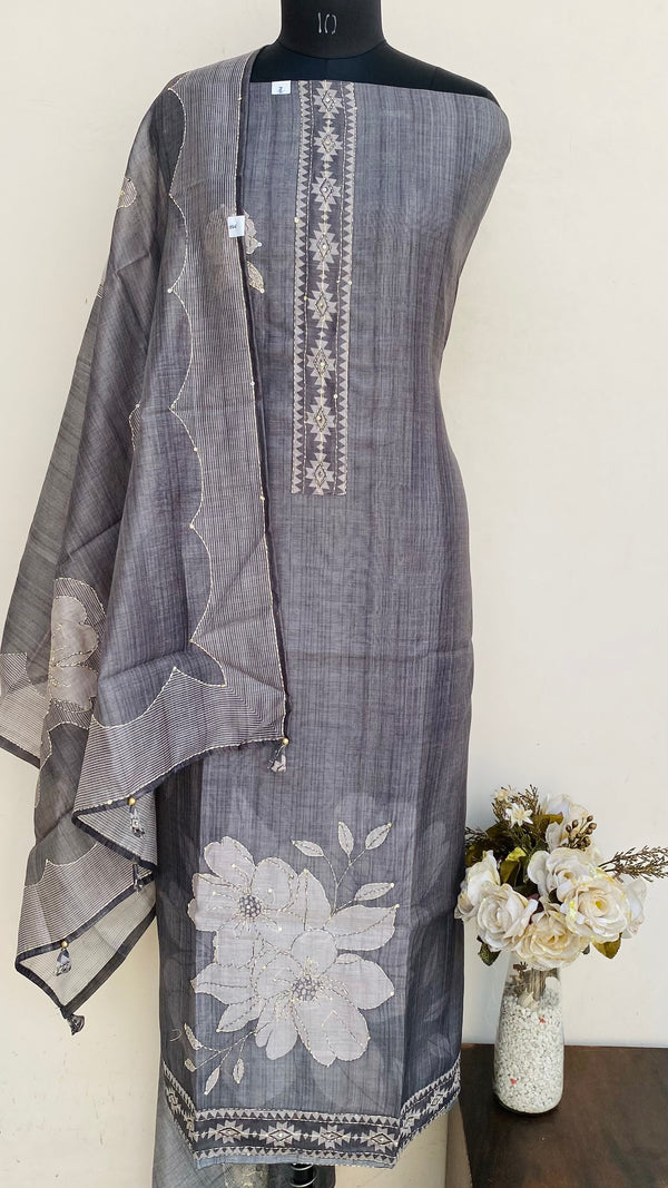 Designer Embroidered Suit Length 3 Piece Gray Linen With Sequence Work