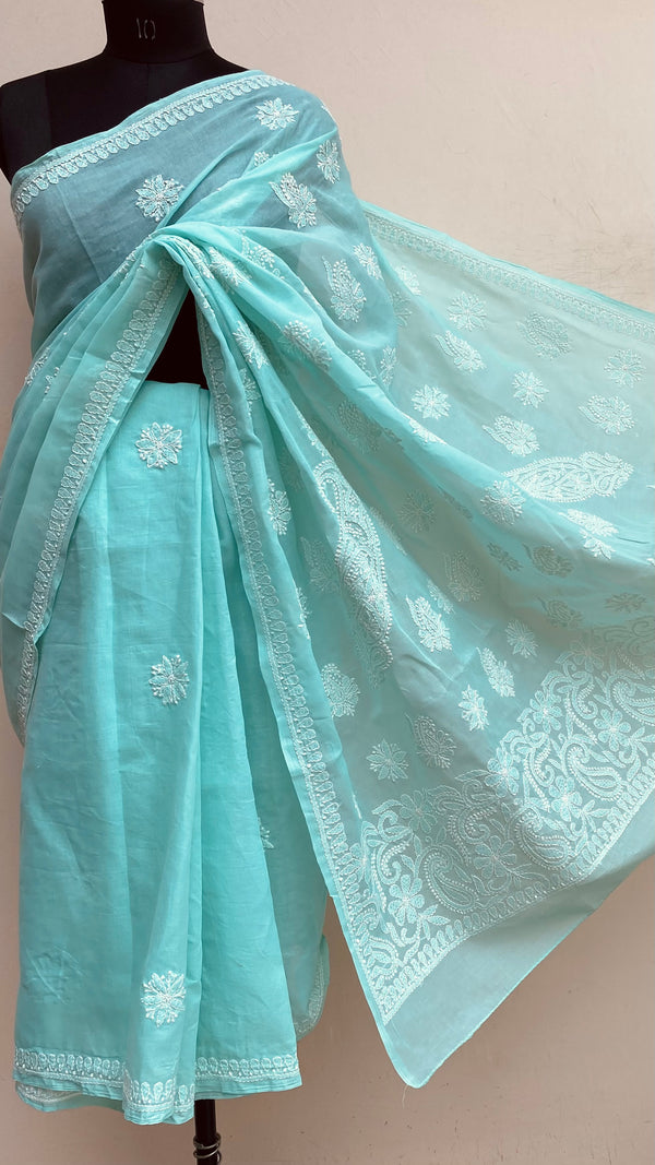 Lucknowi Chikankari Saree Sea Green Cotton