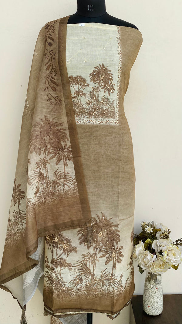 Designer Embroidered Suit Length 3 Piece Brown Linen With Sequence Work
