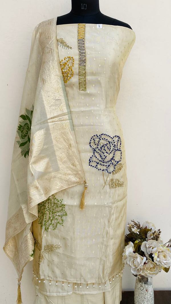 Designer Embroidered Suit Length 3 Piece Beige Tissue With Sequence & Cutdana Work