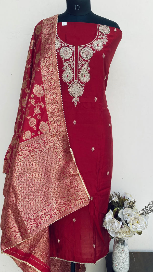 Designer Embroidered Suit Length 3 Piece Maroon Mal Chanderi