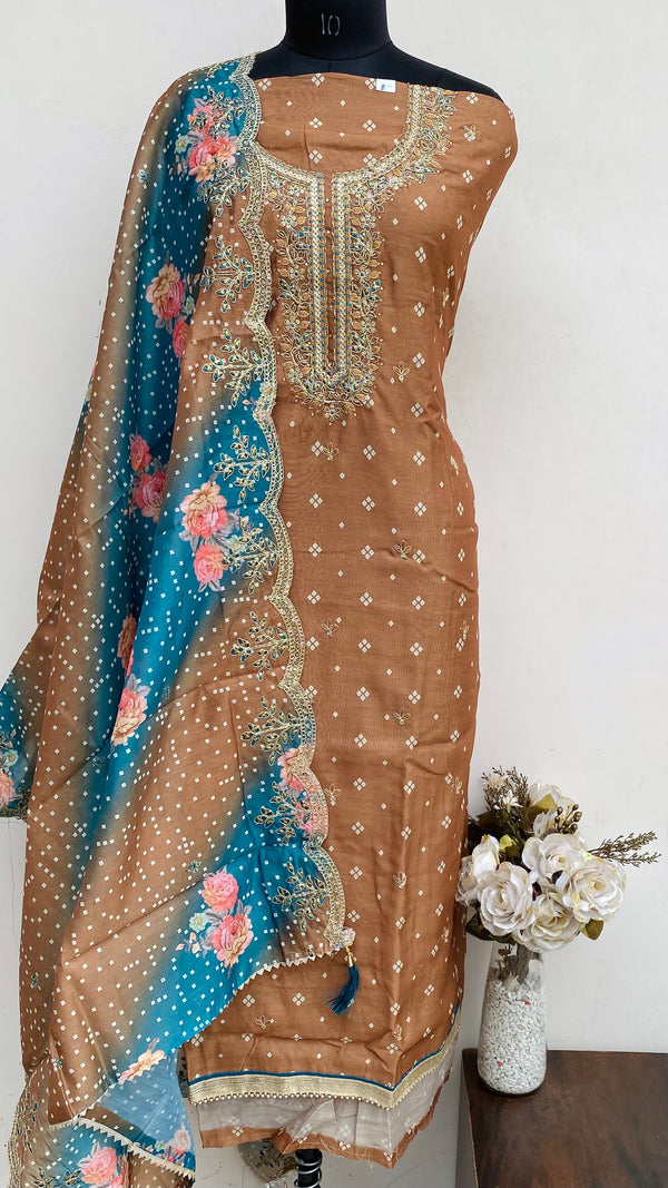 Designer Embroidered Suit Length 3 Piece Brown Mal Chanderi With Sequence & Cutdana Work