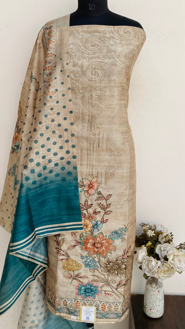 Designer Embroidered Suit Length 3 Piece Beige Linen With Sequence Work