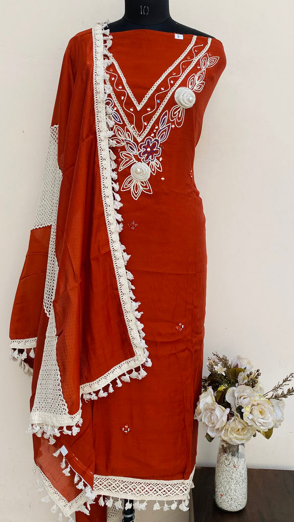 Designer Embroidered Suit Length 3 Piece Rust Mal Chanderi With Mirror Work