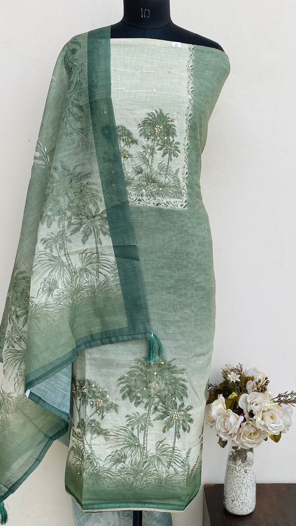 Designer Embroidered Suit Length 3 Piece Green Linen With Sequence Work