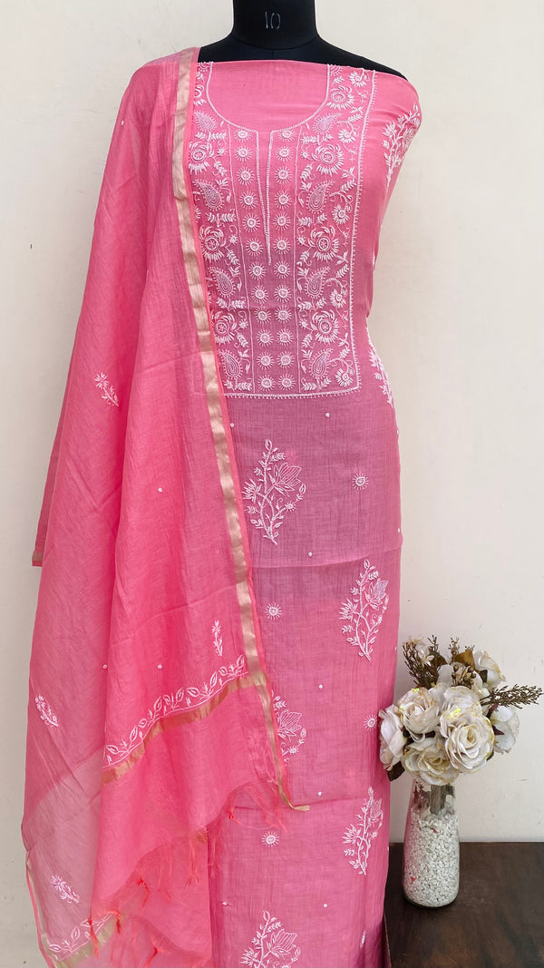 Lucknowi Chikankari Suit Length 2 Piece Pink Mal Chanderi With Pearl & Cutdana Work