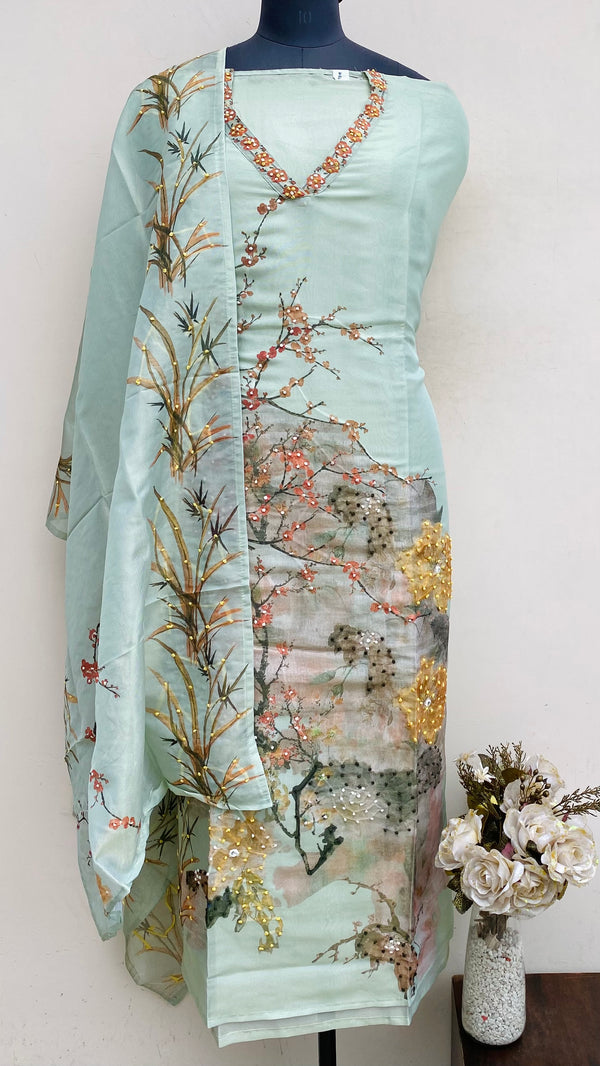 Designer Embroidered Suit Length 3 Piece Green Linen