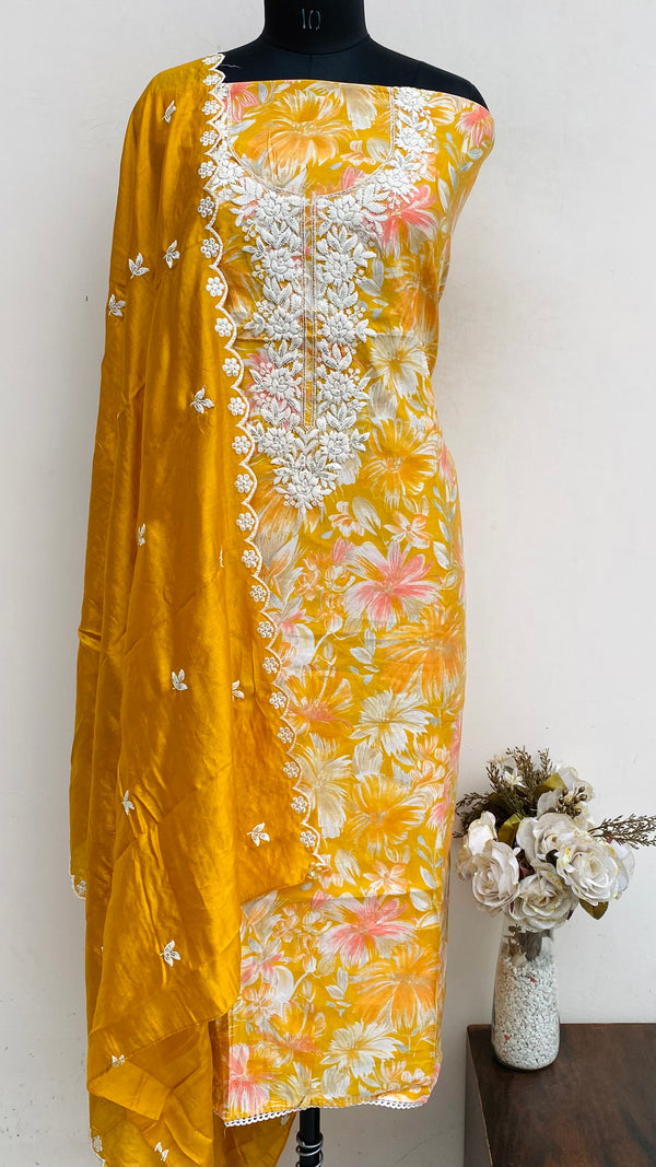 Designer Embroidered Suit Length 3 Piece Mustard Muslin Cotton With Sequence Work