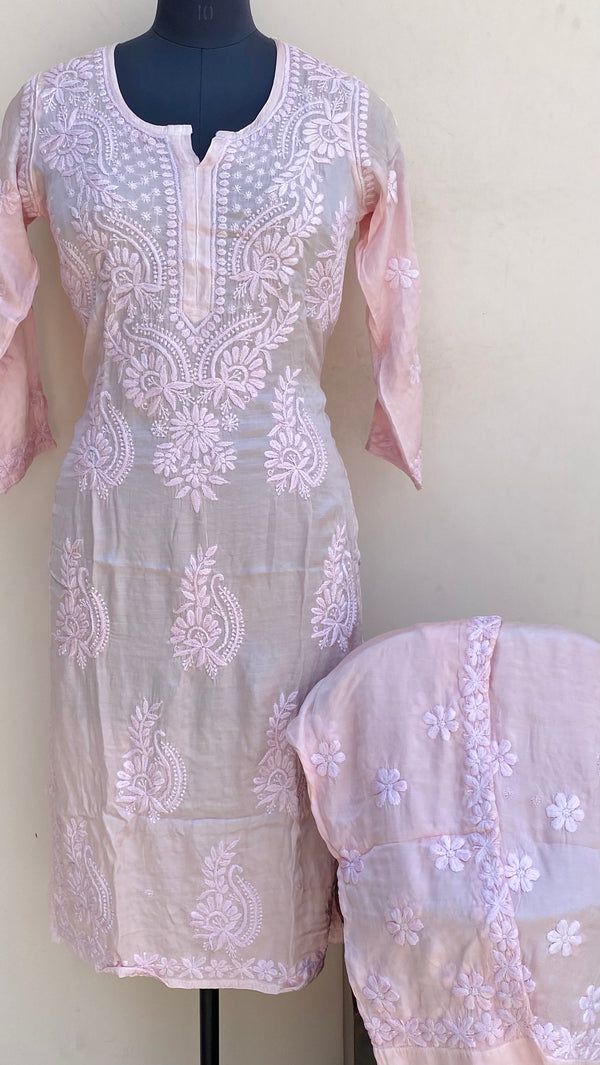Lucknowi Chikankari Co-ord Set Rose Pink Muslin Cotton With Self 3D Work