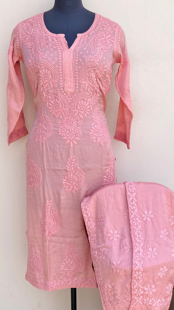 Lucknowi Chikankari Co-ord Set Pink Muslin Cotton With Self 3D Work