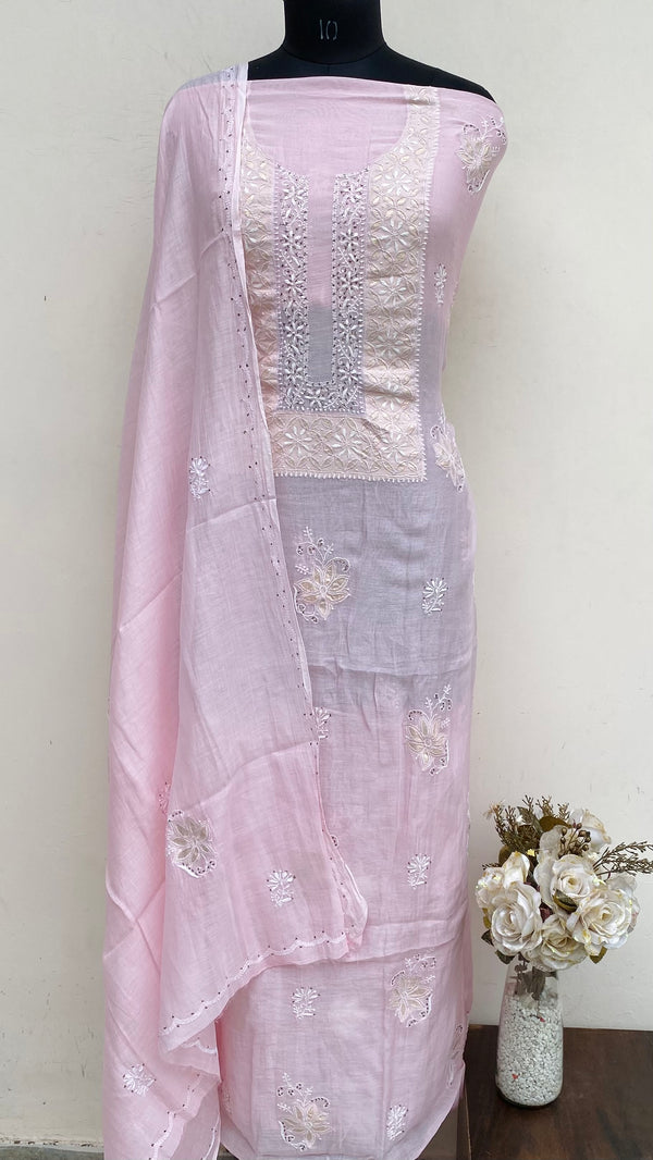Lucknowi Chikankari Suit Length 2 Piece Pink Mal Chanderi With Mukaish Work
