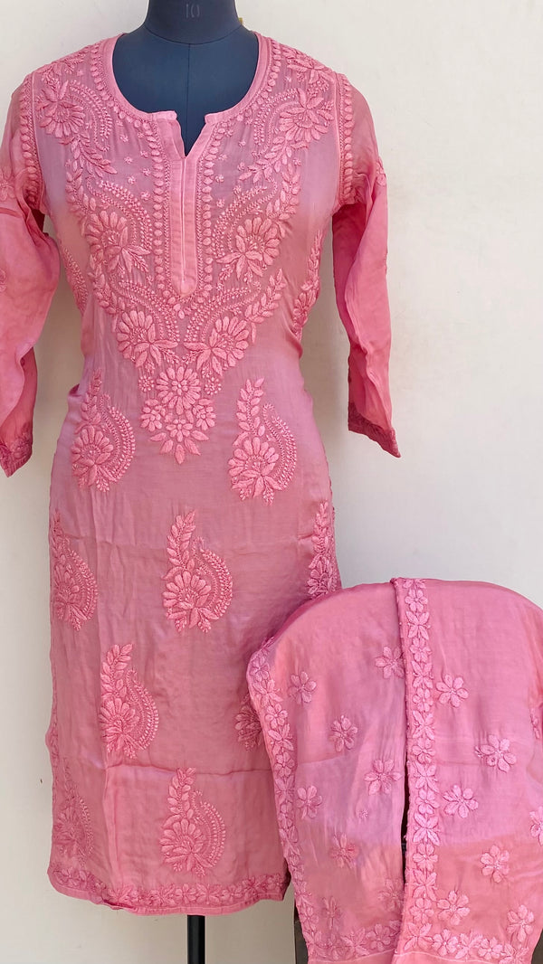 Lucknowi Chikankari Co-ord Set Pink Muslin Cotton With Self 3D Work