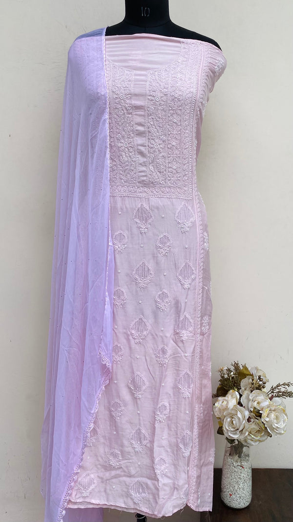Lucknowi Chikankari Suit Length 2 Piece Pink Muslin Cotton With Pearl & Cutdana Work