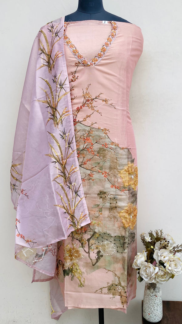 Designer Embroidered Suit Length 3 Piece Peach Linen