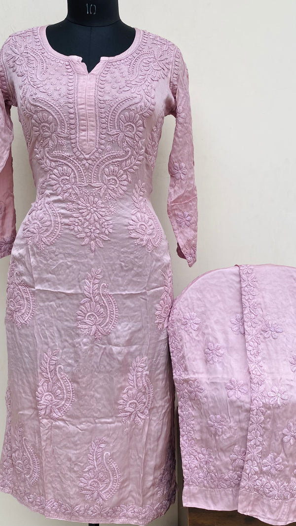 Lucknowi Chikankari Co-ord Set Rose Pink Muslin Cotton With Self 3D Work