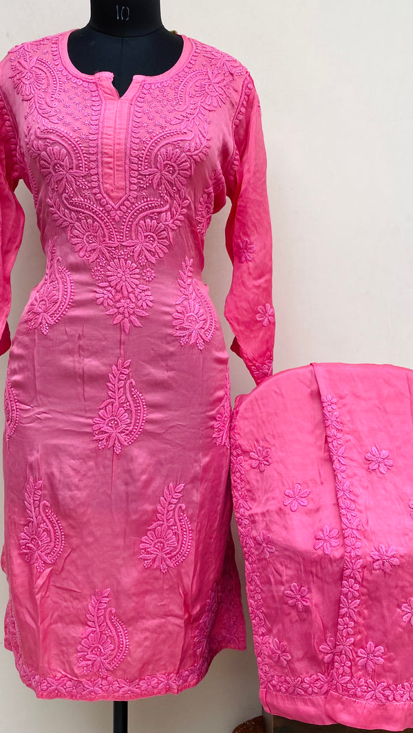 Lucknowi Chikankari Co-ord Set Pink Muslin Cotton With Self 3D Work