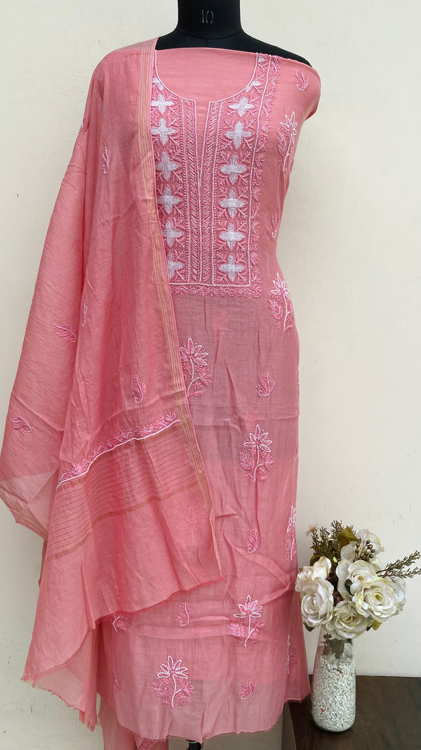 Lucknowi Chikankari Suit Length 2 Piece Pink Mal Chanderi With Pearl & Cutdana Work