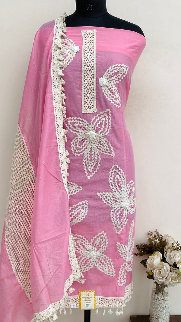 Designer Embroidered Suit Length 3 Piece Pink Mal Chanderi With Mirror Work