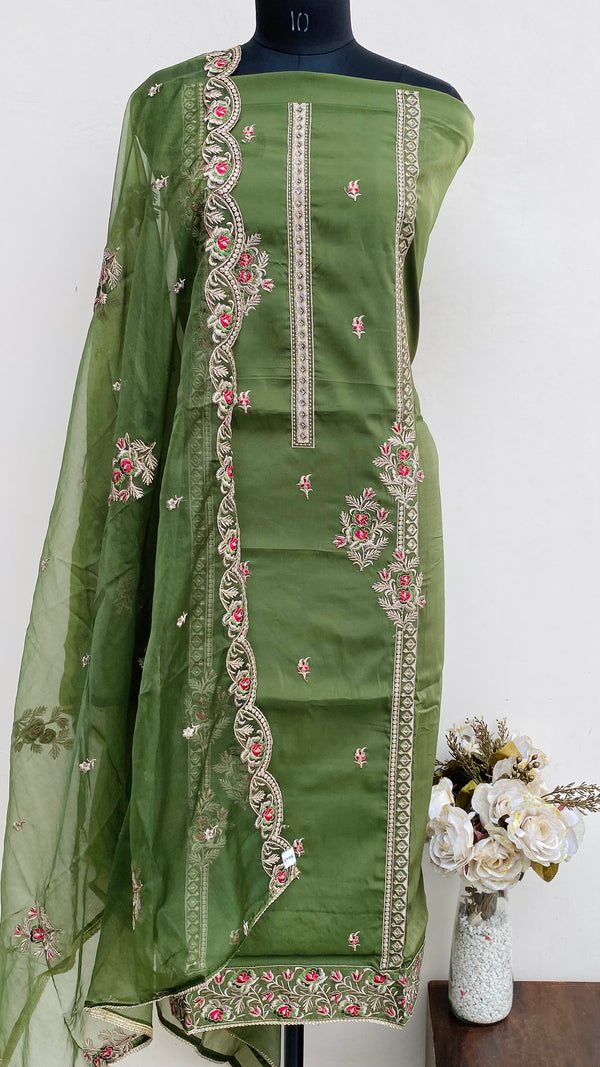 Designer Embroidered Suit Length 3 Piece Green Mal Chanderi With Stone Work