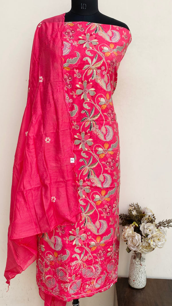 Designer Embroidered Suit Length 3 Piece Pink Muslin Cotton With Sequence Work
