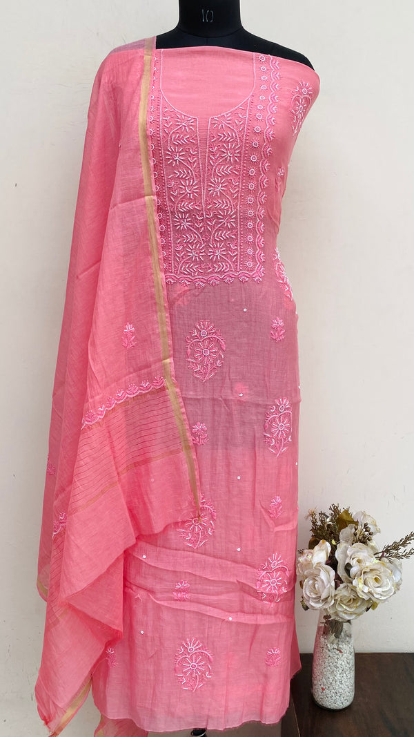 Lucknowi Chikankari Suit Length 2 Piece Pink Mal Chanderi With Pearl & Cutdana Work