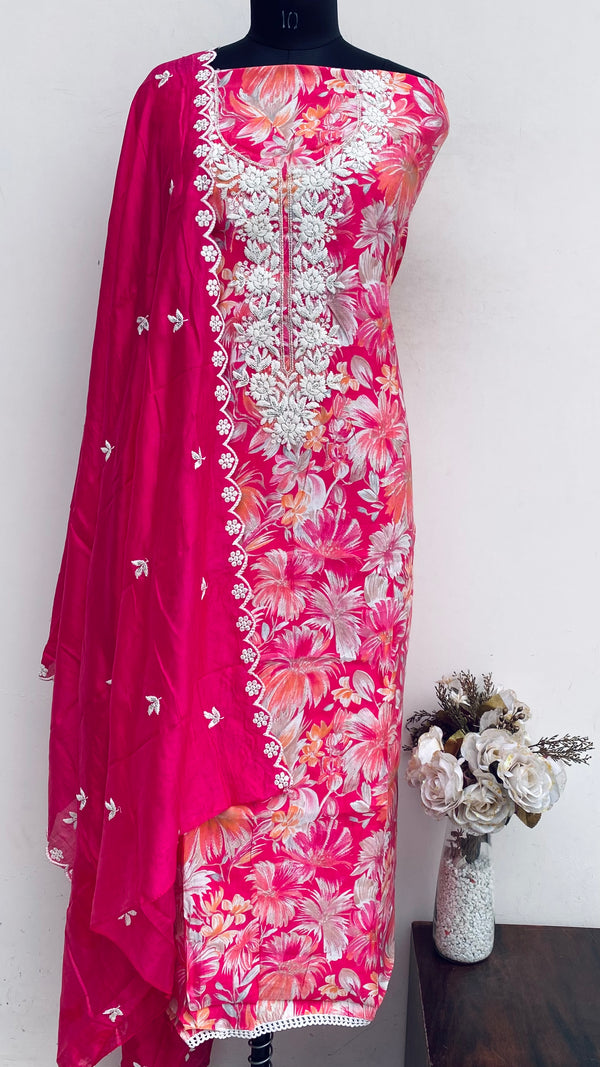 Designer Embroidered Suit Length 3 Piece Pink Muslin Cotton With Sequence Work