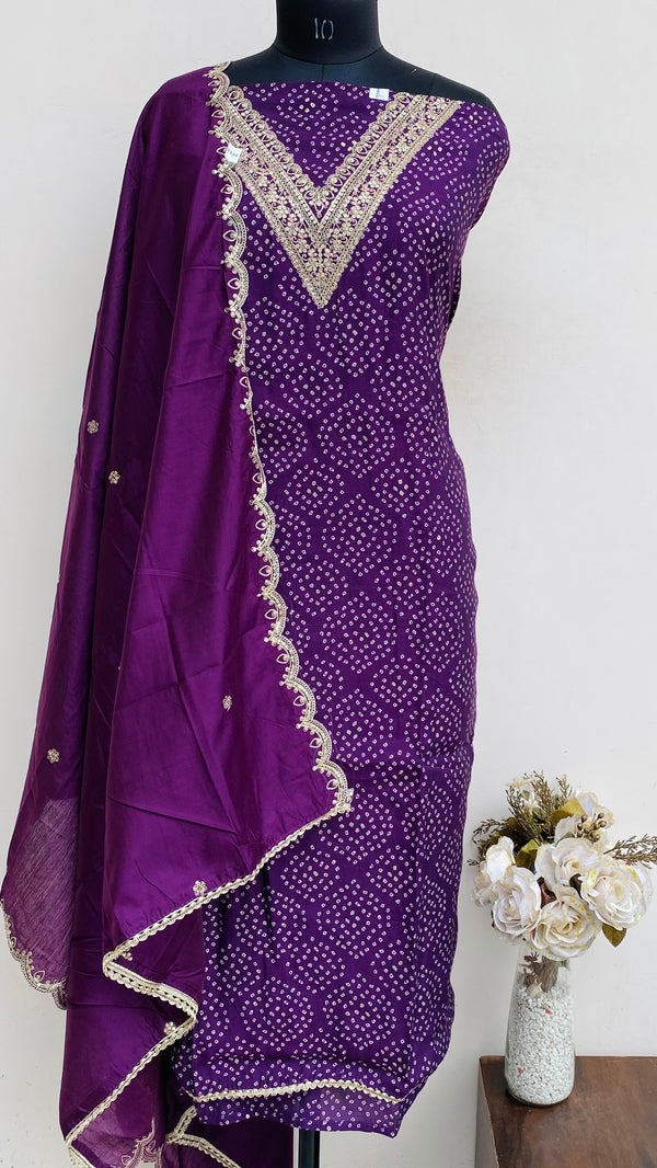 Designer Embroidered Suit Length 3 Piece Purple Muslin Cotton With Sequence Work