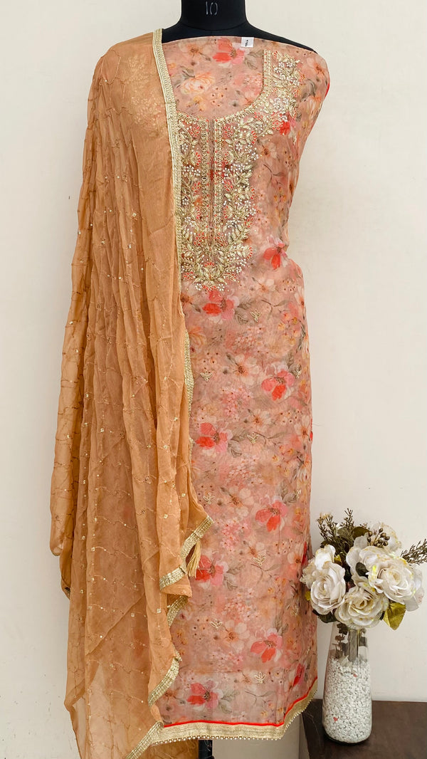 Designer Embroidered Suit Length 3 Piece Peach Organza With Pearl ,Cutdana & Sequence Work